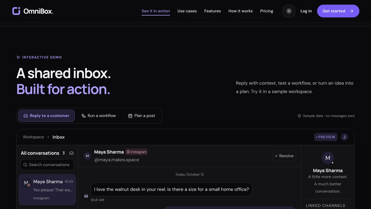 OmniBox public shared-inbox demonstration with illustrative sample conversations