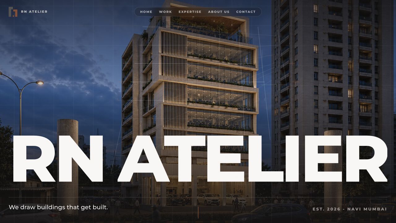 RN Atelier homepage with full-screen architectural imagery and bold white typography.